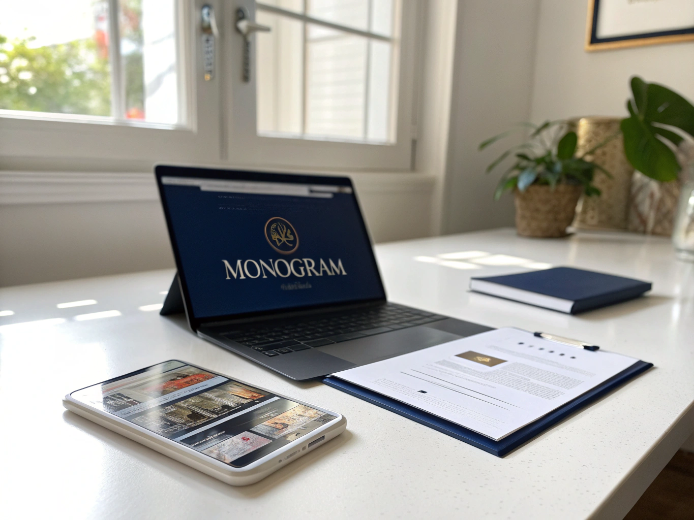 Minimalist workspace showing luxury branding materials