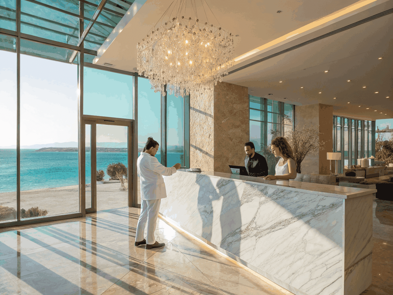 Warm-toned boutique hotel reception and lobby lounge