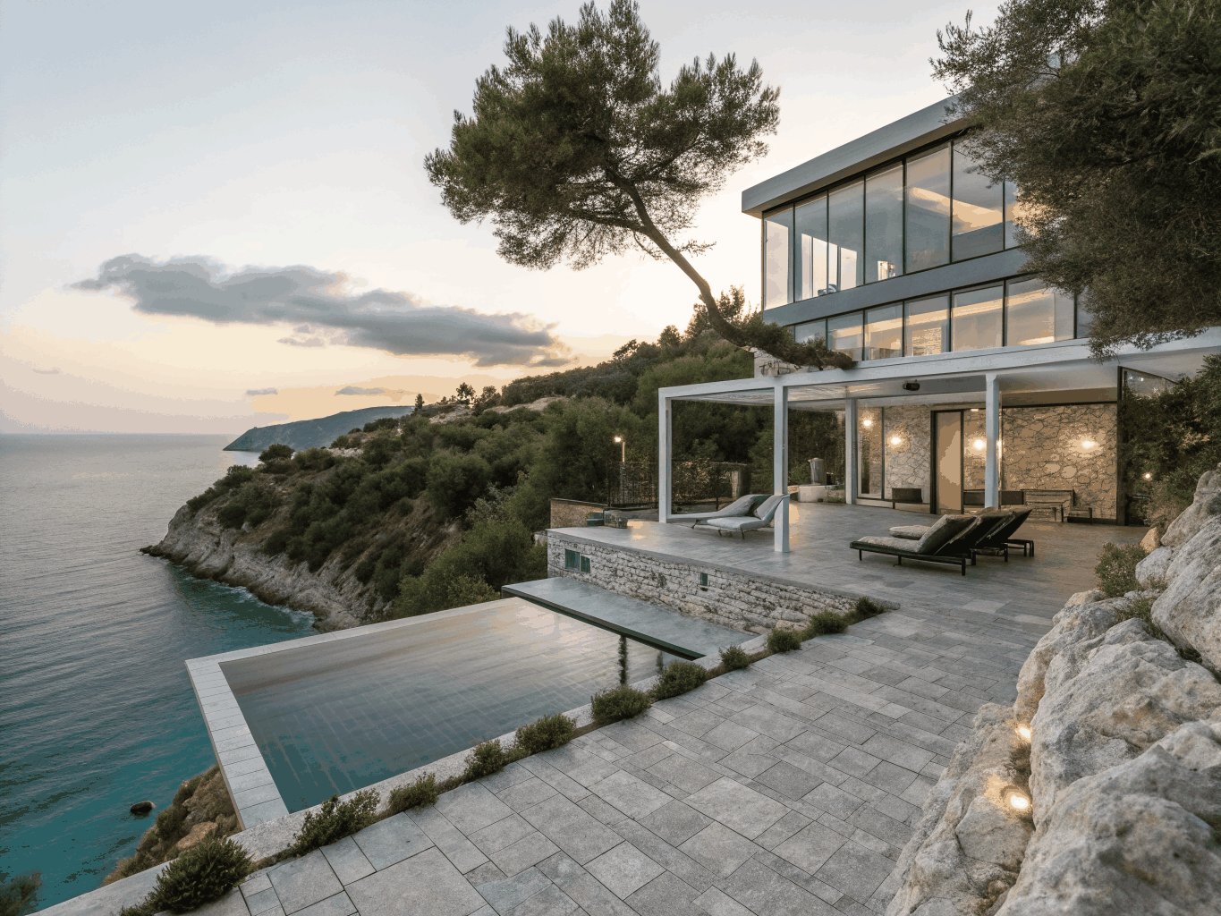 Luxury villa exterior at sunset
