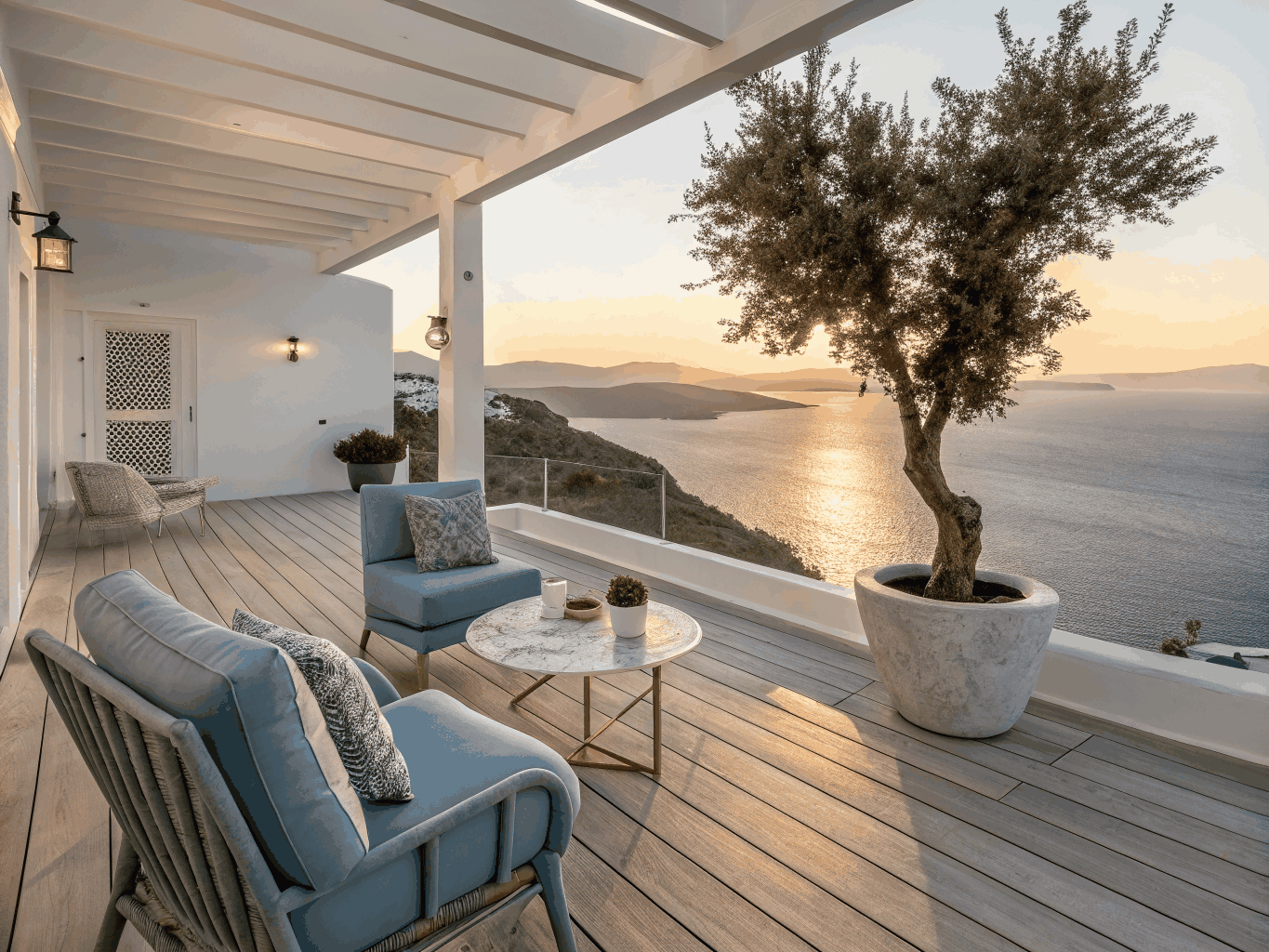 Elegant villa terrace with olive trees
