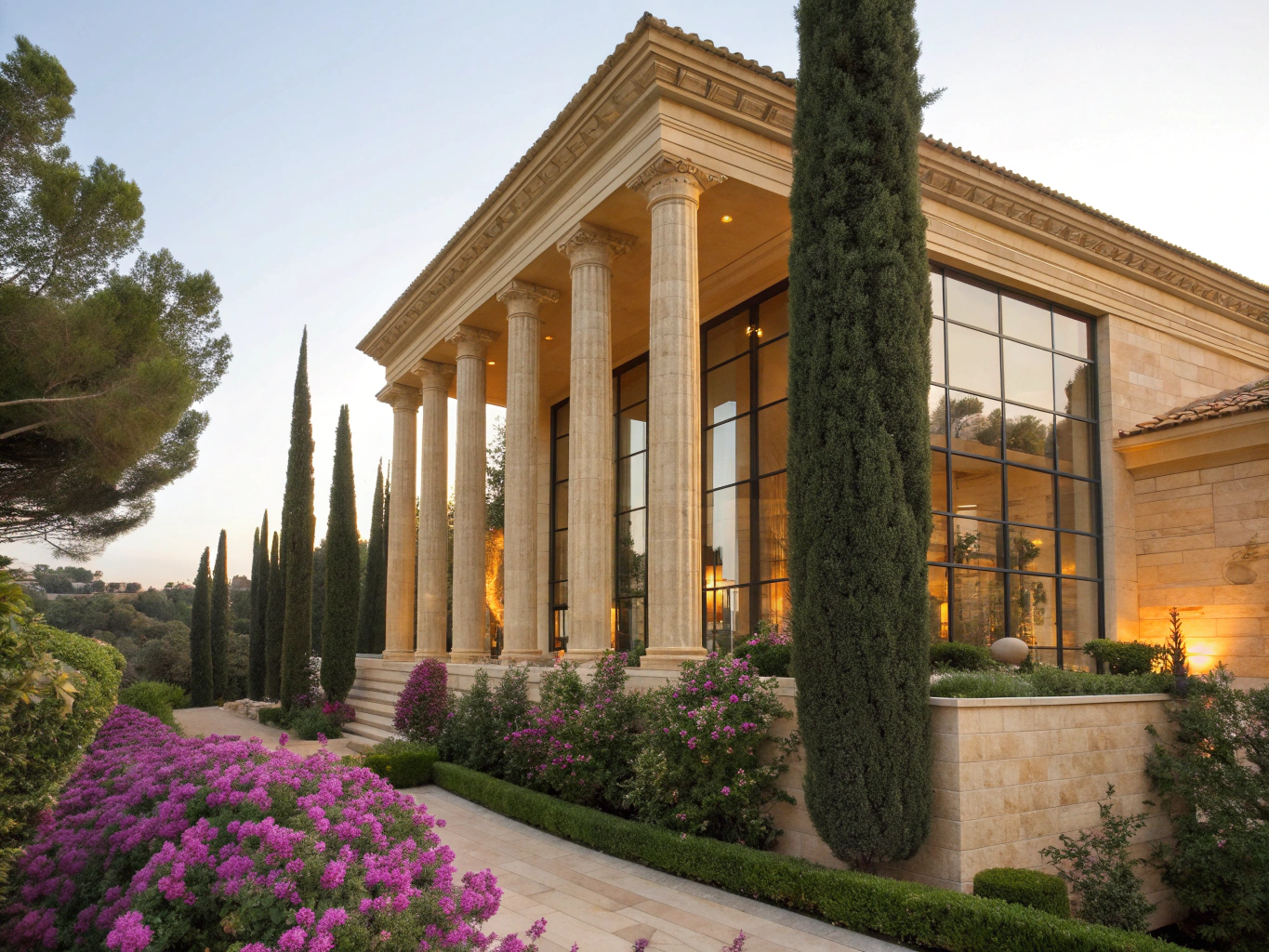 Nestivo Hospitality - Insights 4 Neoclassical Greek villa facade with private pool and bougainvillea
