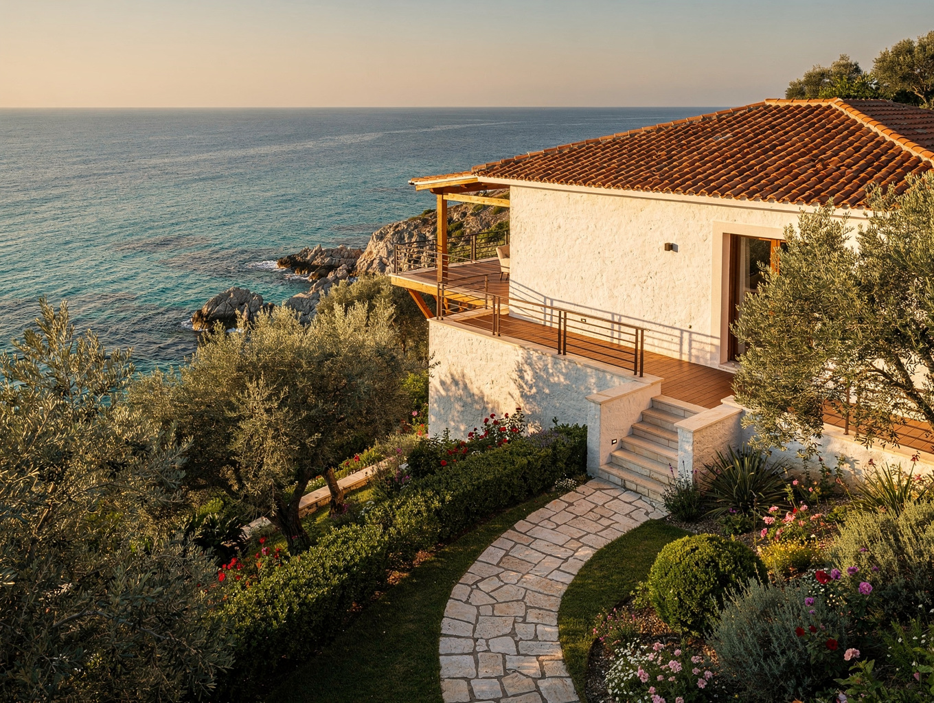 Luxury sea-view villa with infinity pool and sunset over Ionian coastline