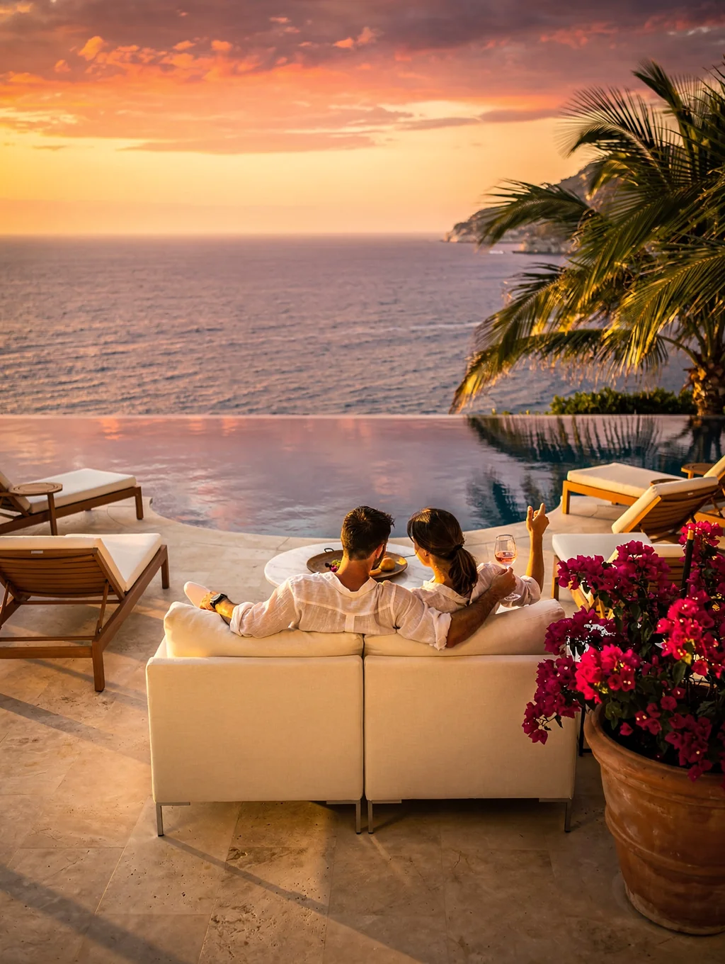 Nestivo Hospitality - Insights 5 Luxury Corfu seaside villa patio at twilight with warm lantern glow