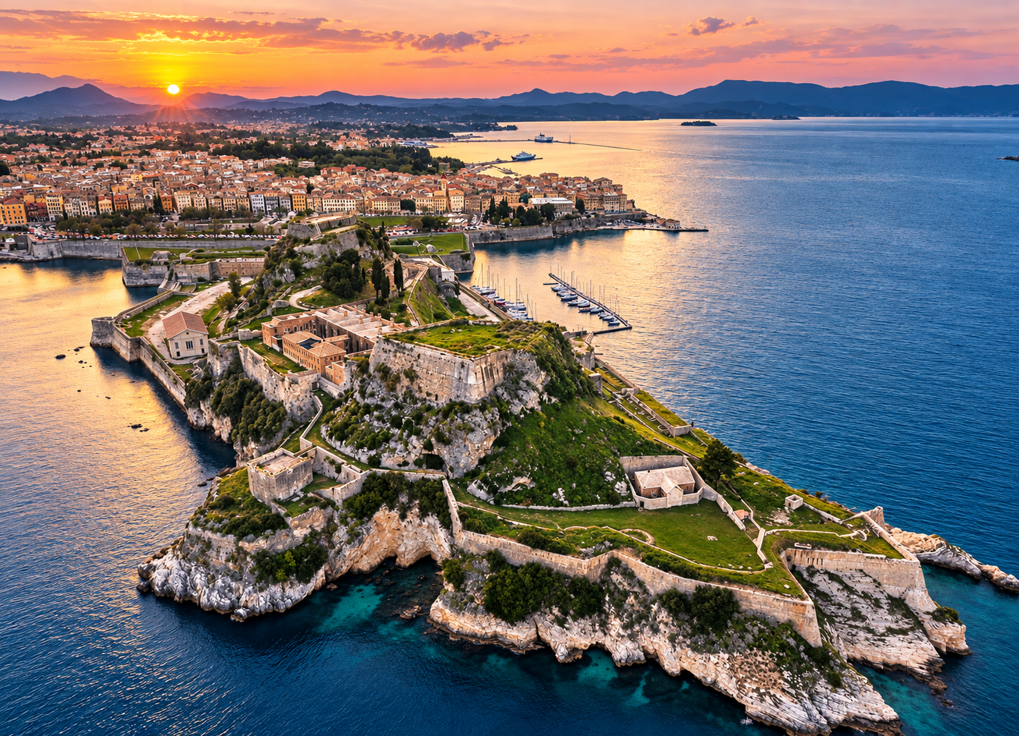 Corfu Old Fortress and coastline overview